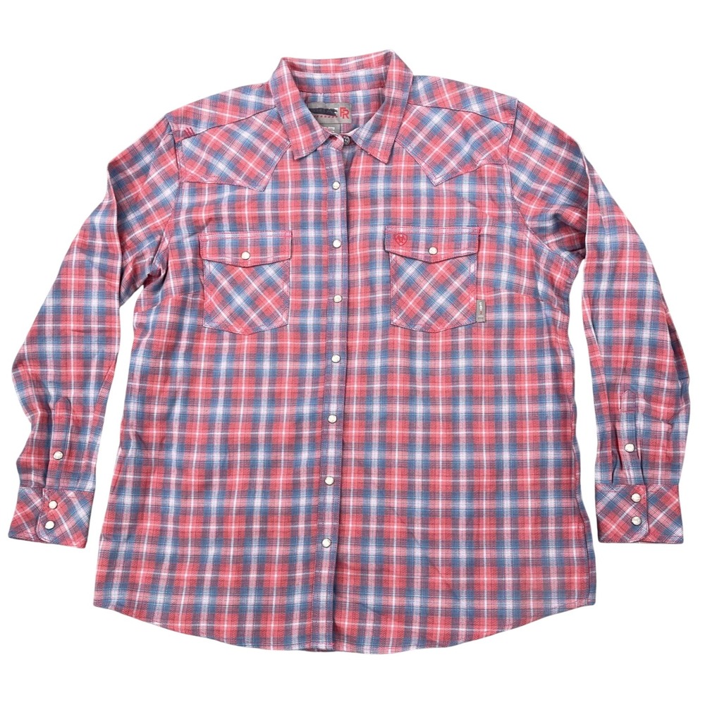 Ariat FR Womens XXL Flame Resistant Work Shirt Pearl Snap Coral Plaid CAT‎ 2